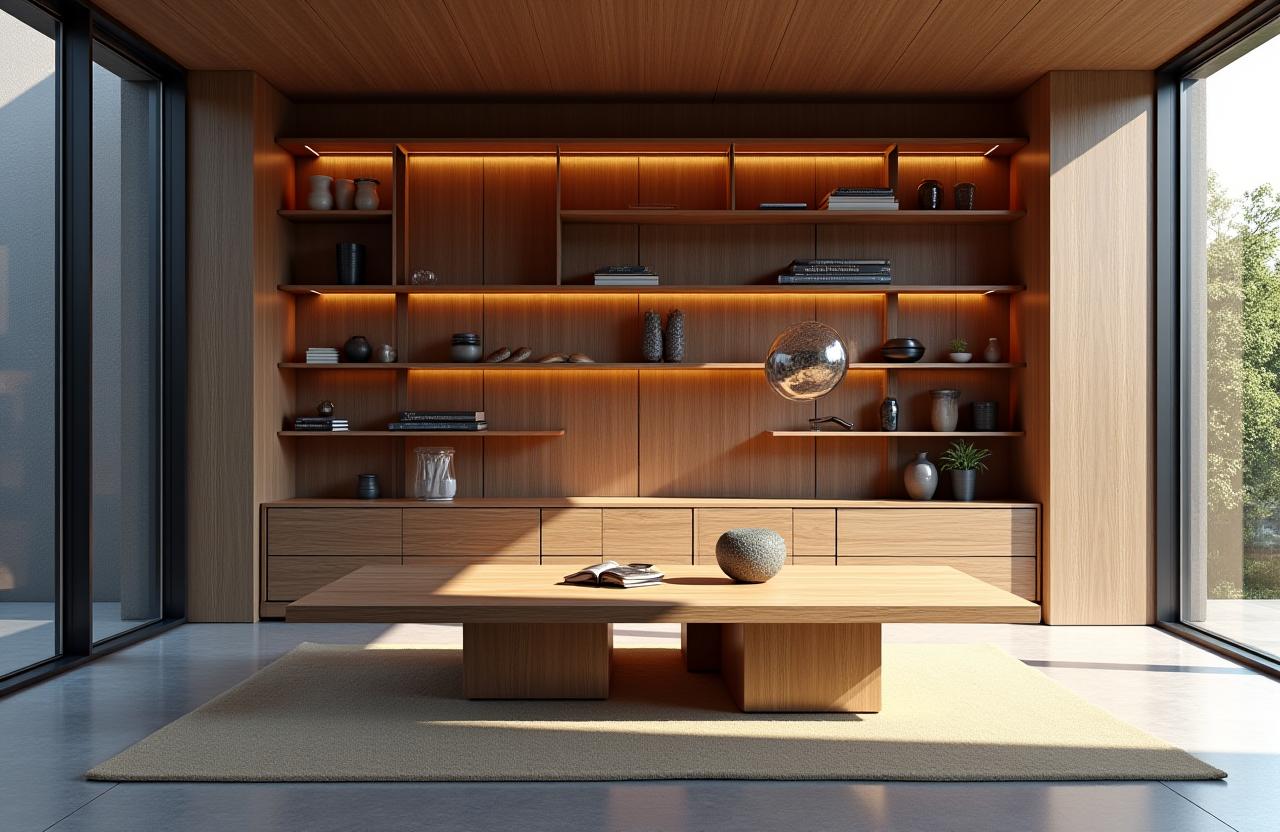 현대 건축물 내부에 빛나는 원목 가구