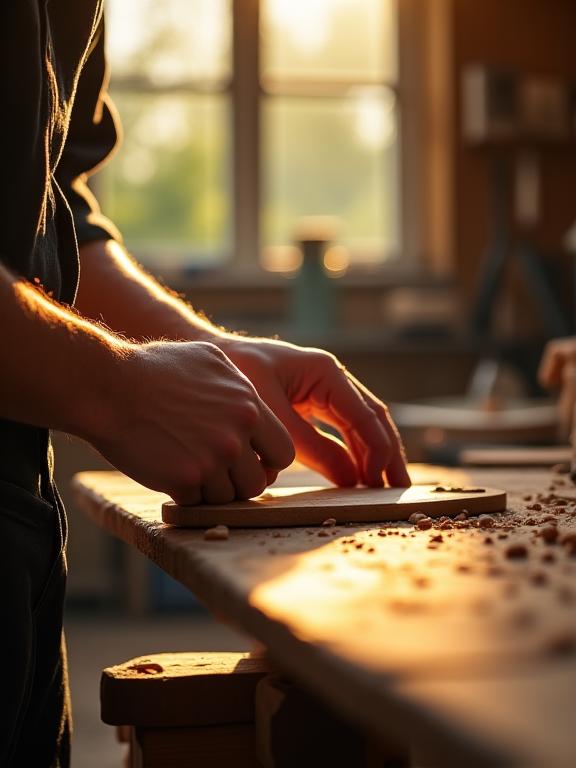자연광이 드는 작업실에서 나무를 다듬는 장인의 손